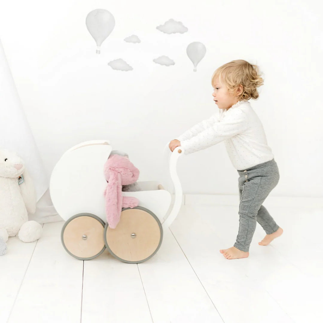 Wooden pram 2-in-1 walker toy- White