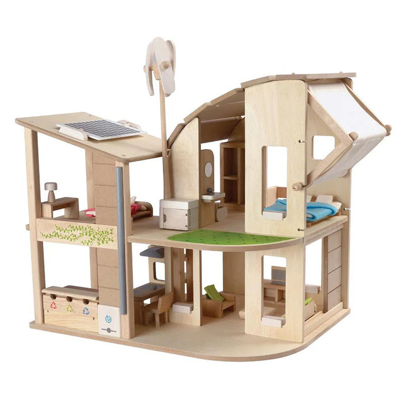Eco-friendly wooden green dollhouse with furniture