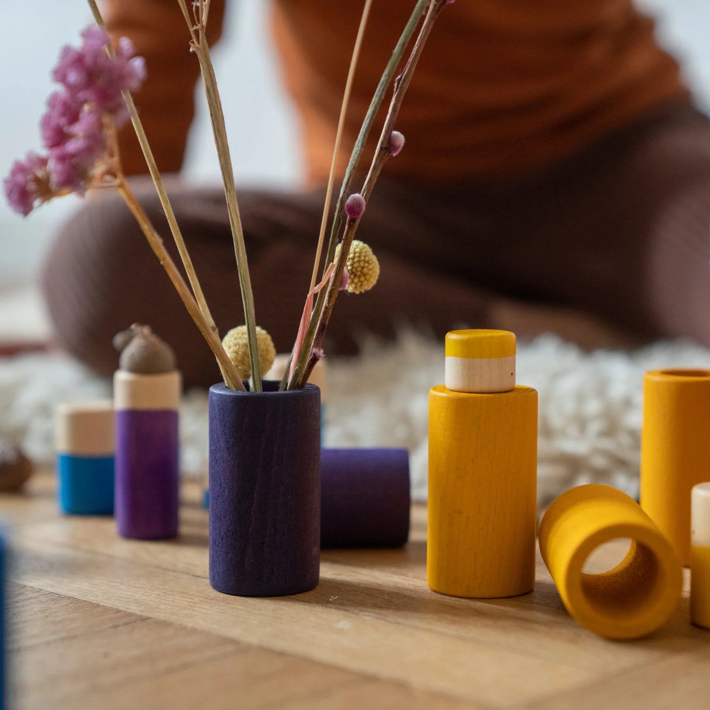 Wooden Lo coloured rainbow loose parts play set- 36 pieces