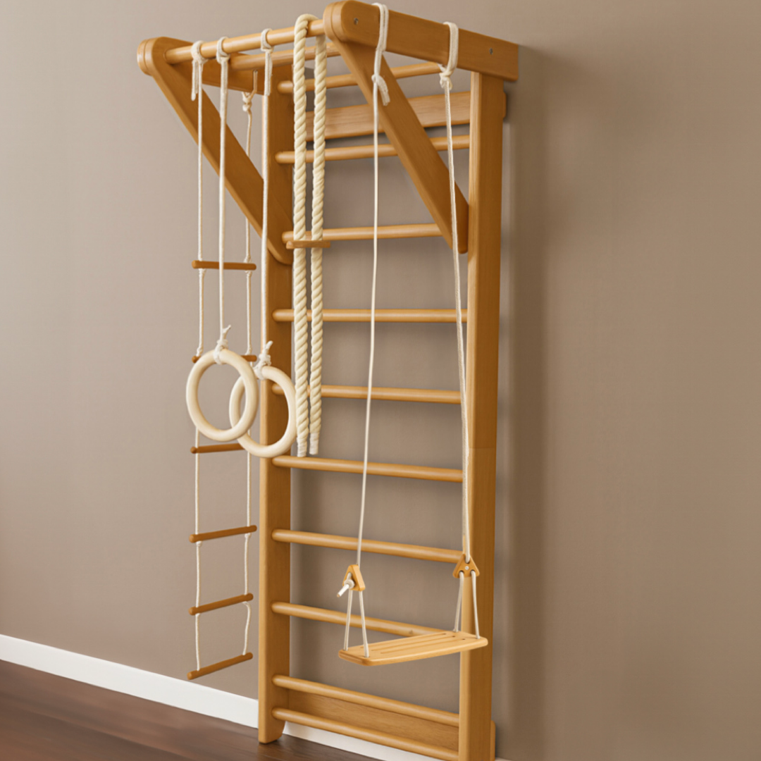 Indoor play Swedish ladder gym with swing- Natural