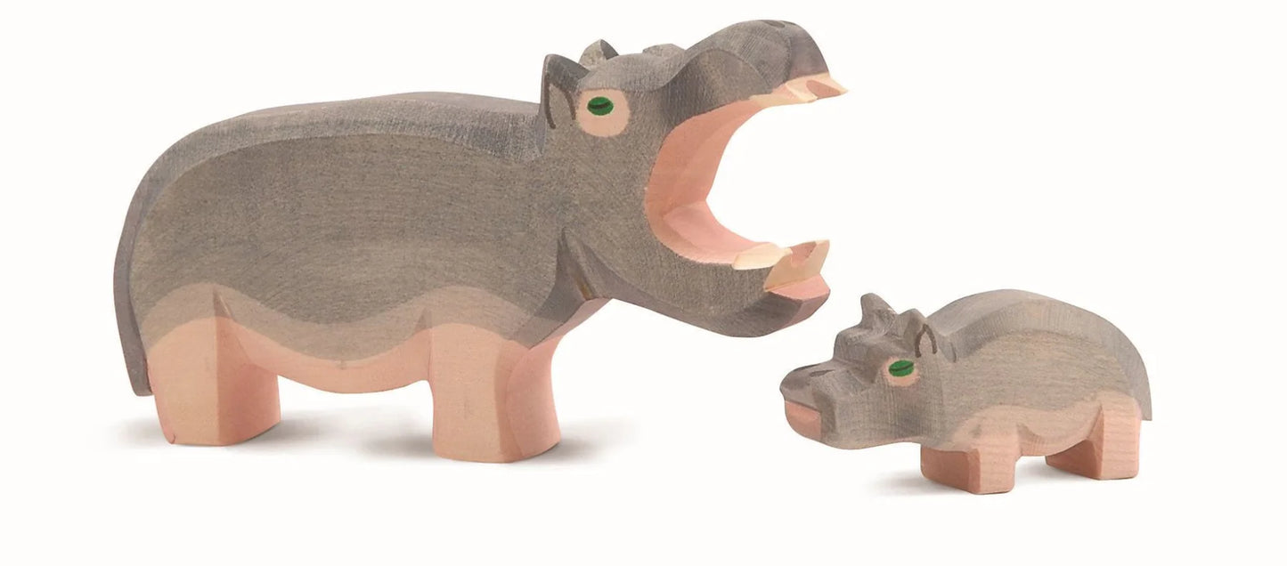 Wooden hippopotamus figurine with open mouth