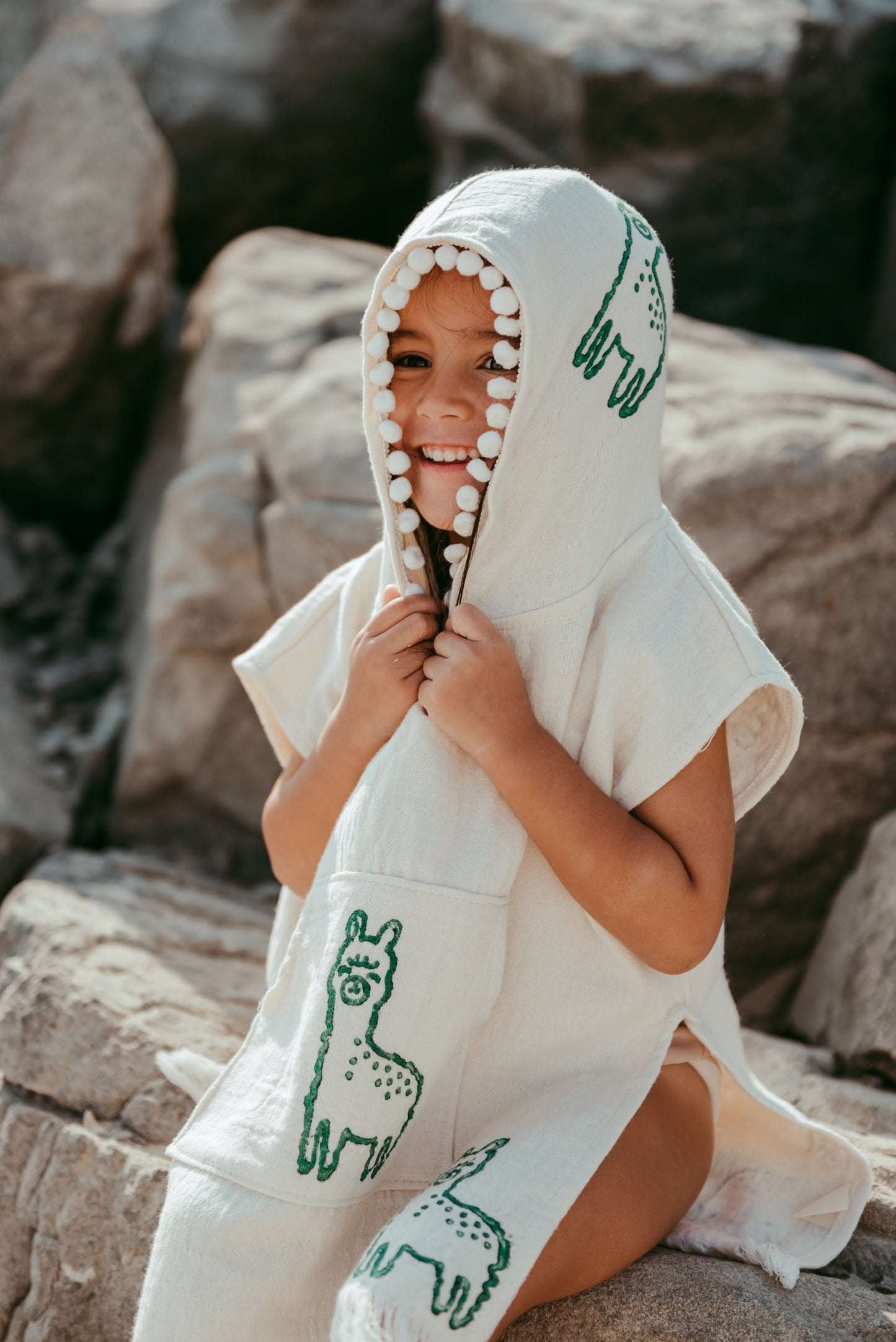 Handprinted cotton kids beach poncho -Ilama green