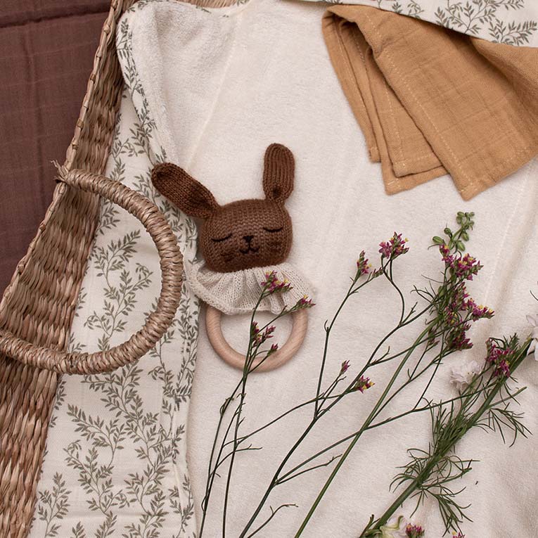 Alpaca wool Bunny baby teething wooden ring