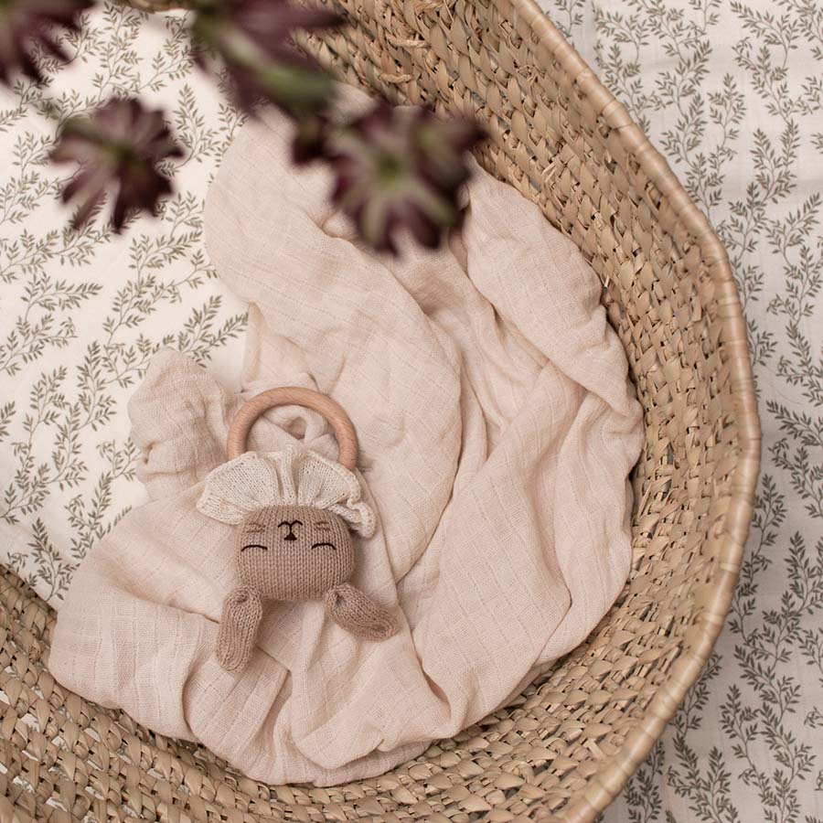 Alpaca wool Bunny baby teething wooden ring