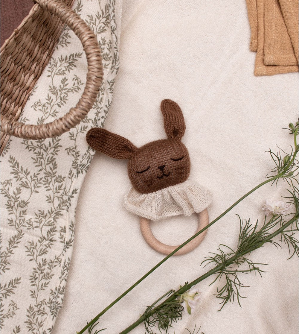 Alpaca wool Bunny nut baby teething wooden ring
