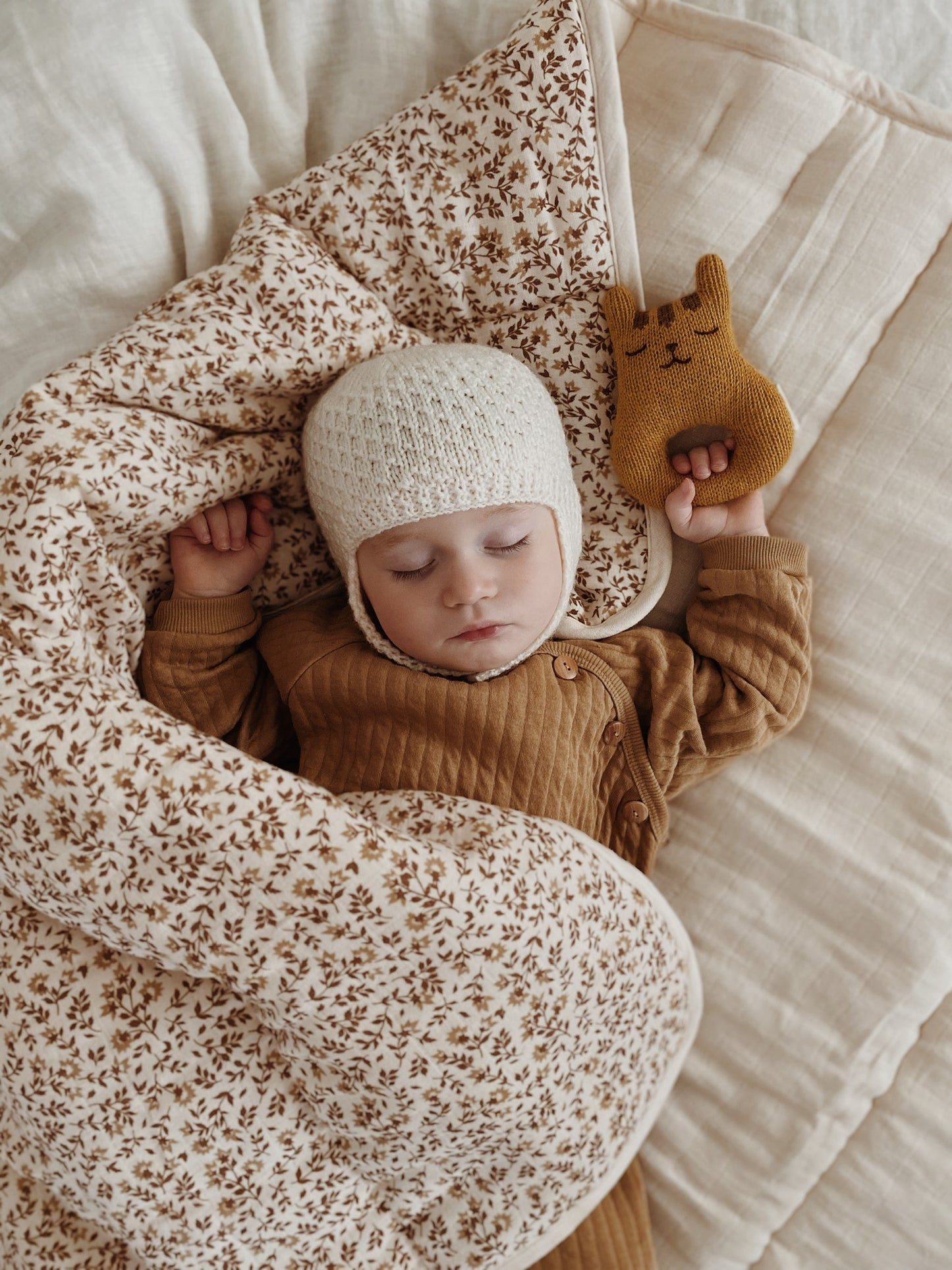 Alpaca wool handknitted Tiger baby rattle - Mustard