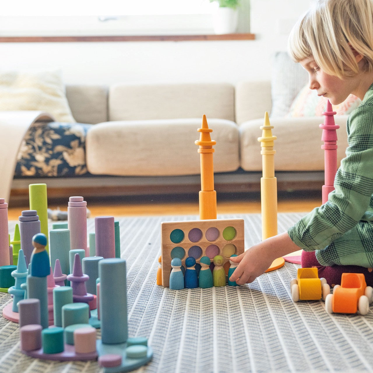 Grimm's wooden small stacking game rollers-Pastel