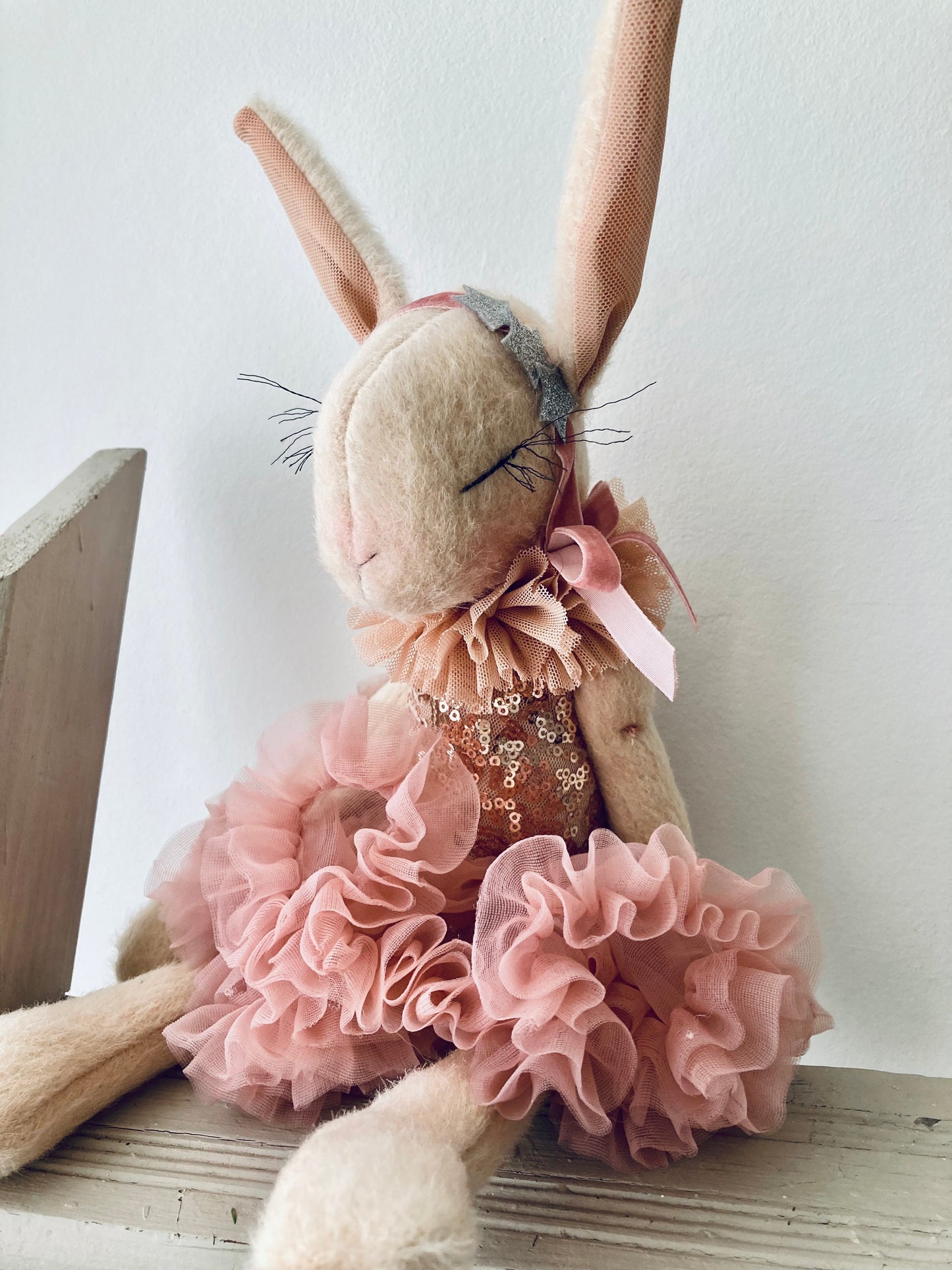 Miss Lapin Fluffy bunny ballerina handmade doll- Pink and Silver