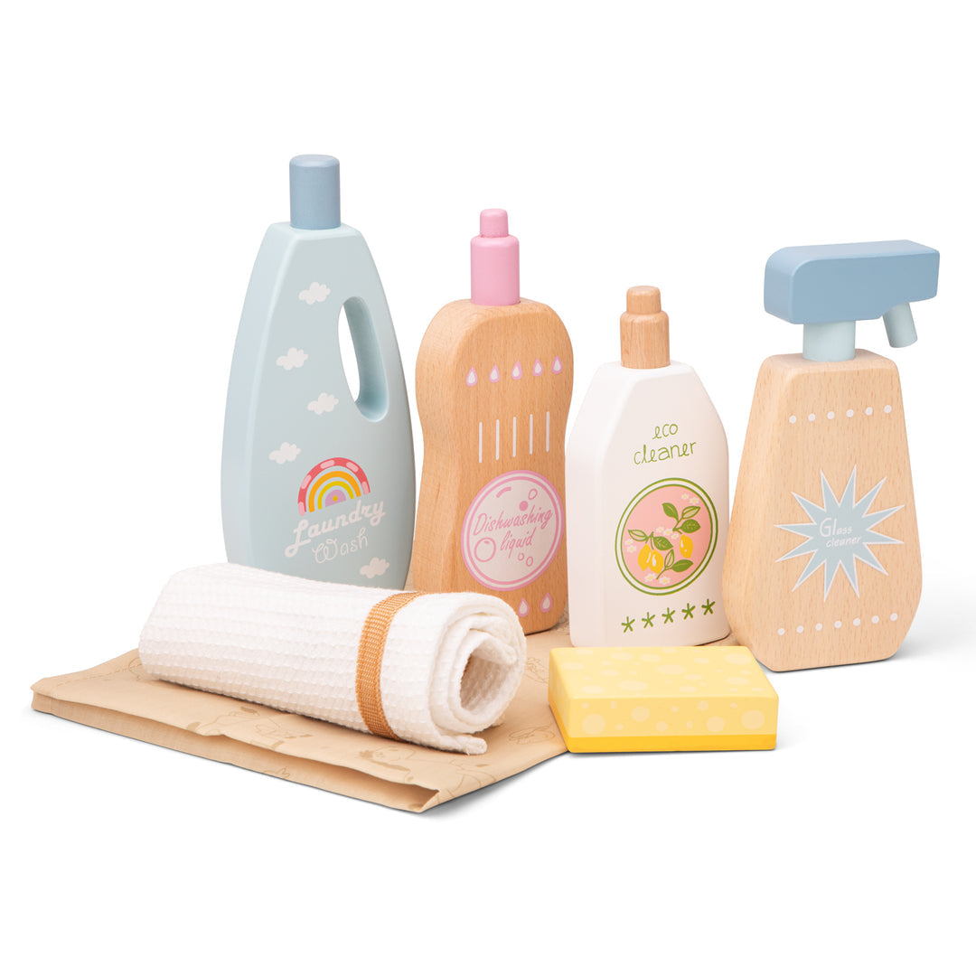Wooden cleaning detergent products play set