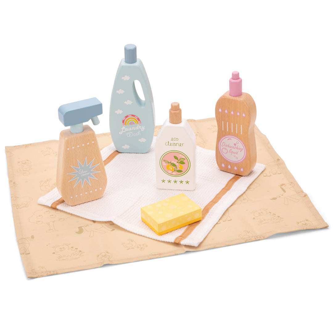 Wooden cleaning detergent products play set