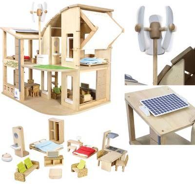 Eco-friendly wooden green dollhouse with furniture