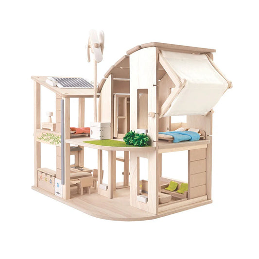 Eco-friendly wooden green dollhouse with furniture