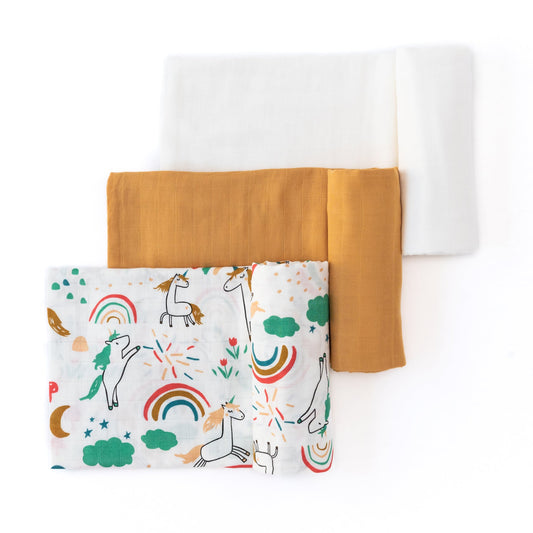 Set of 3 organic cotton & bamboo baby swaddles - Unicorn dreams