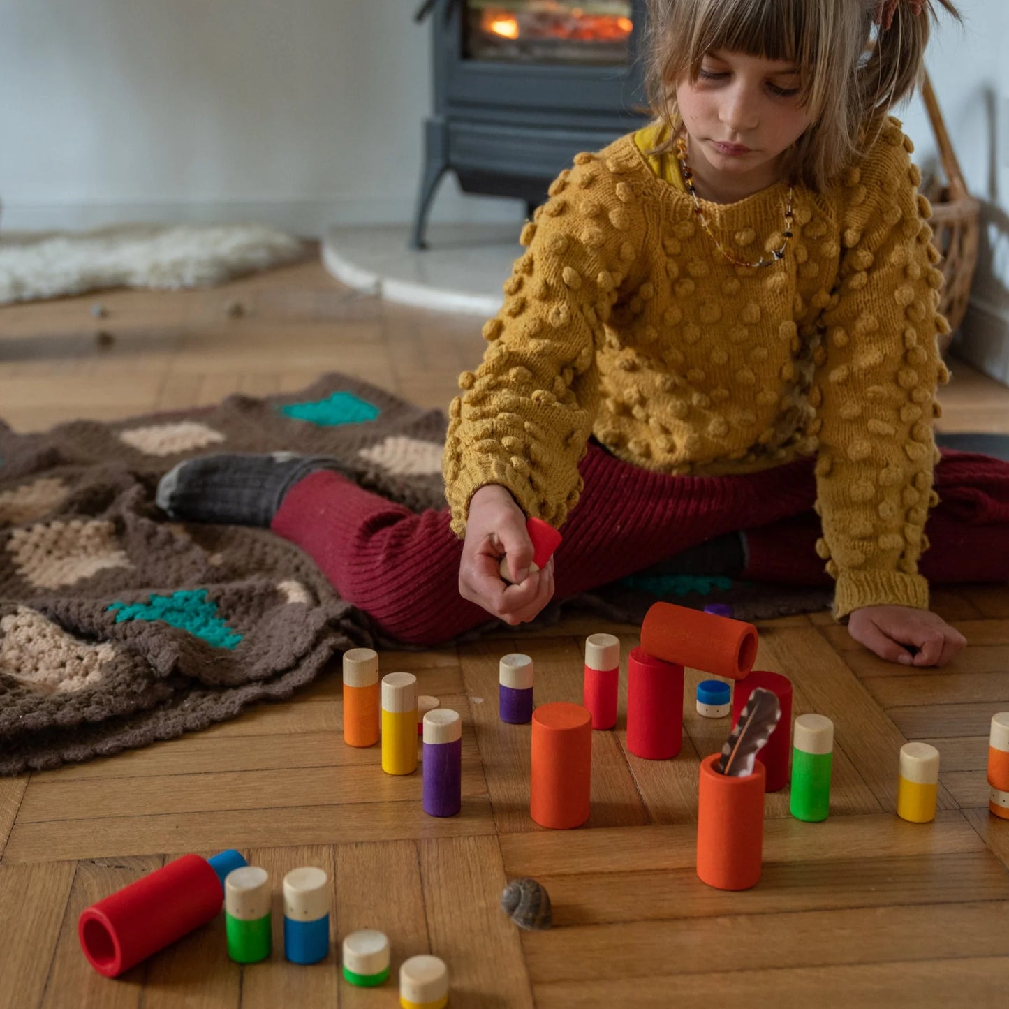 Wooden Lo coloured rainbow loose parts play set- 36 pieces