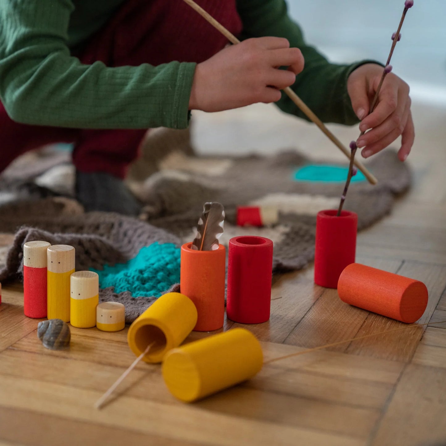 Wooden Lo coloured rainbow loose parts play set- 36 pieces