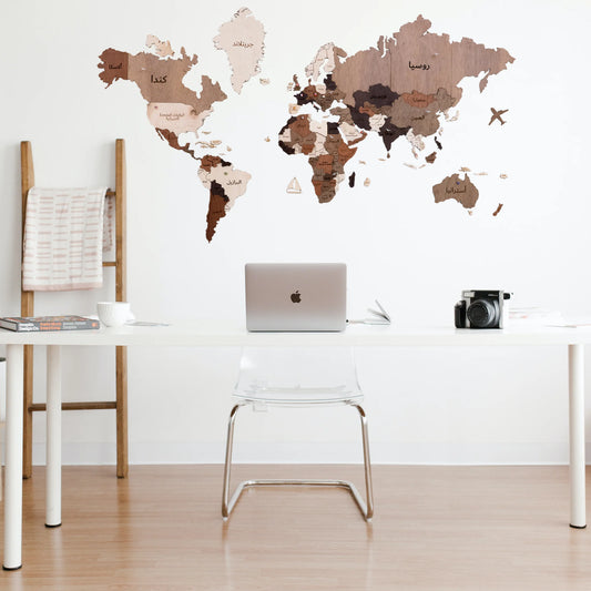 3D multi-color wooden world map- Arabic