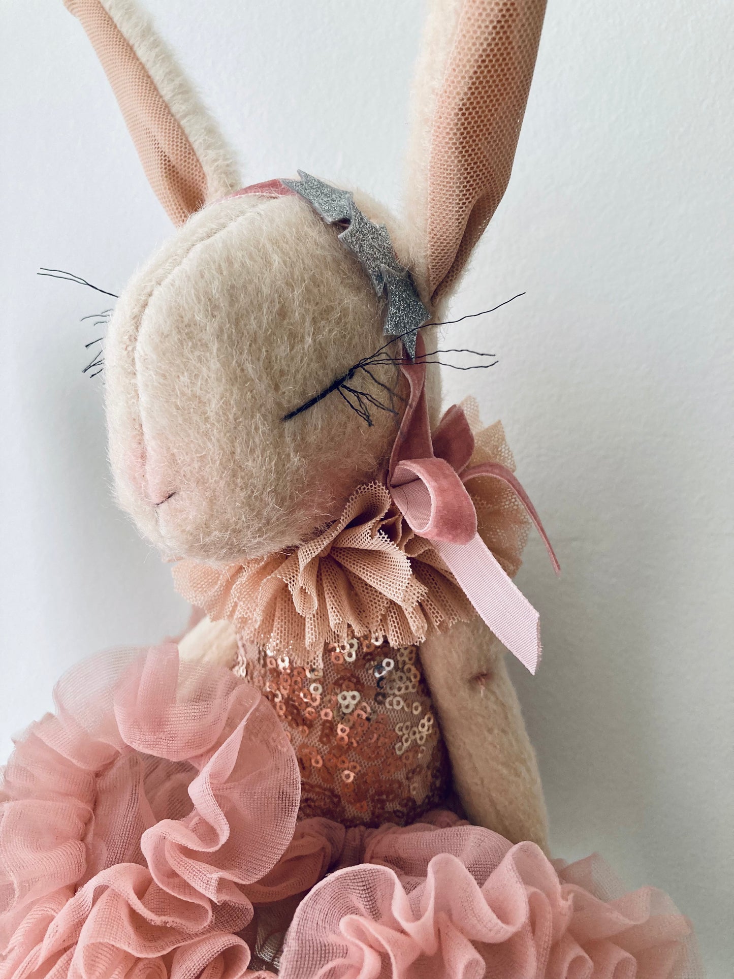 Miss Lapin Fluffy bunny ballerina handmade doll- Pink and Silver
