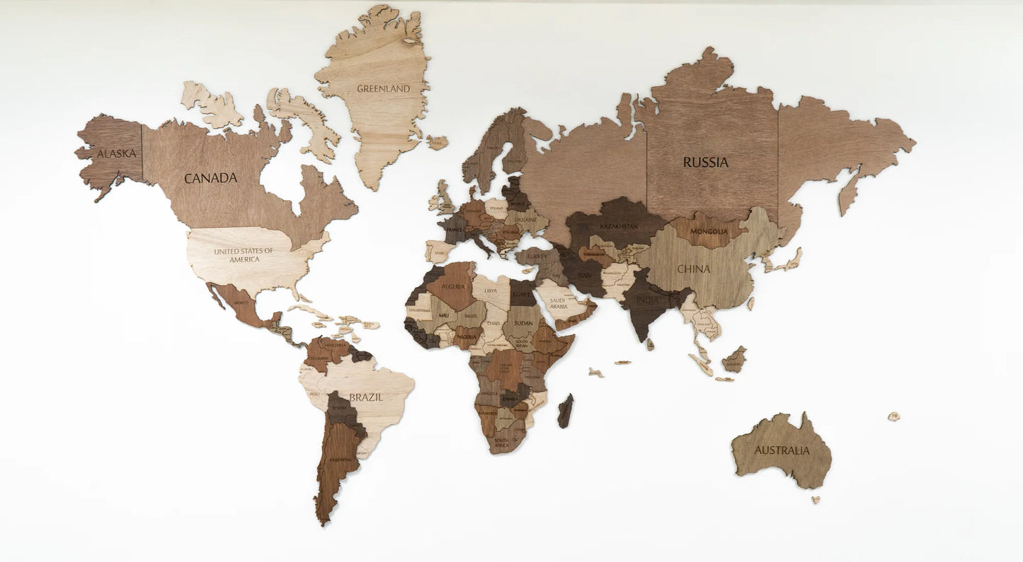 3D multi-color wooden world map- English