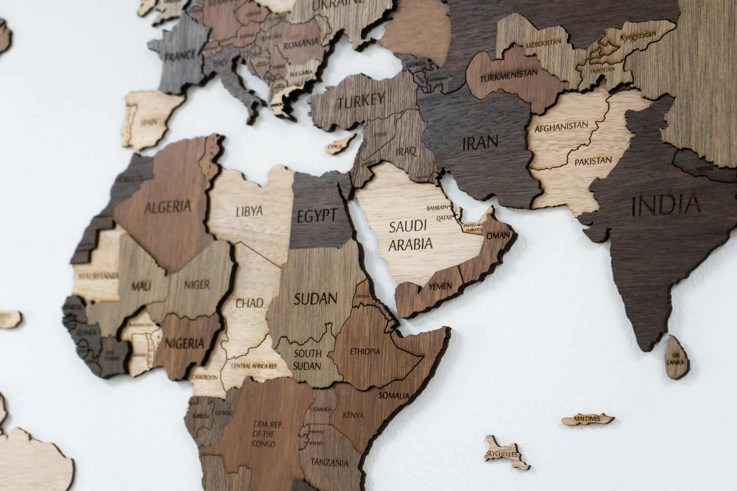 3D multi-color wooden world map- English