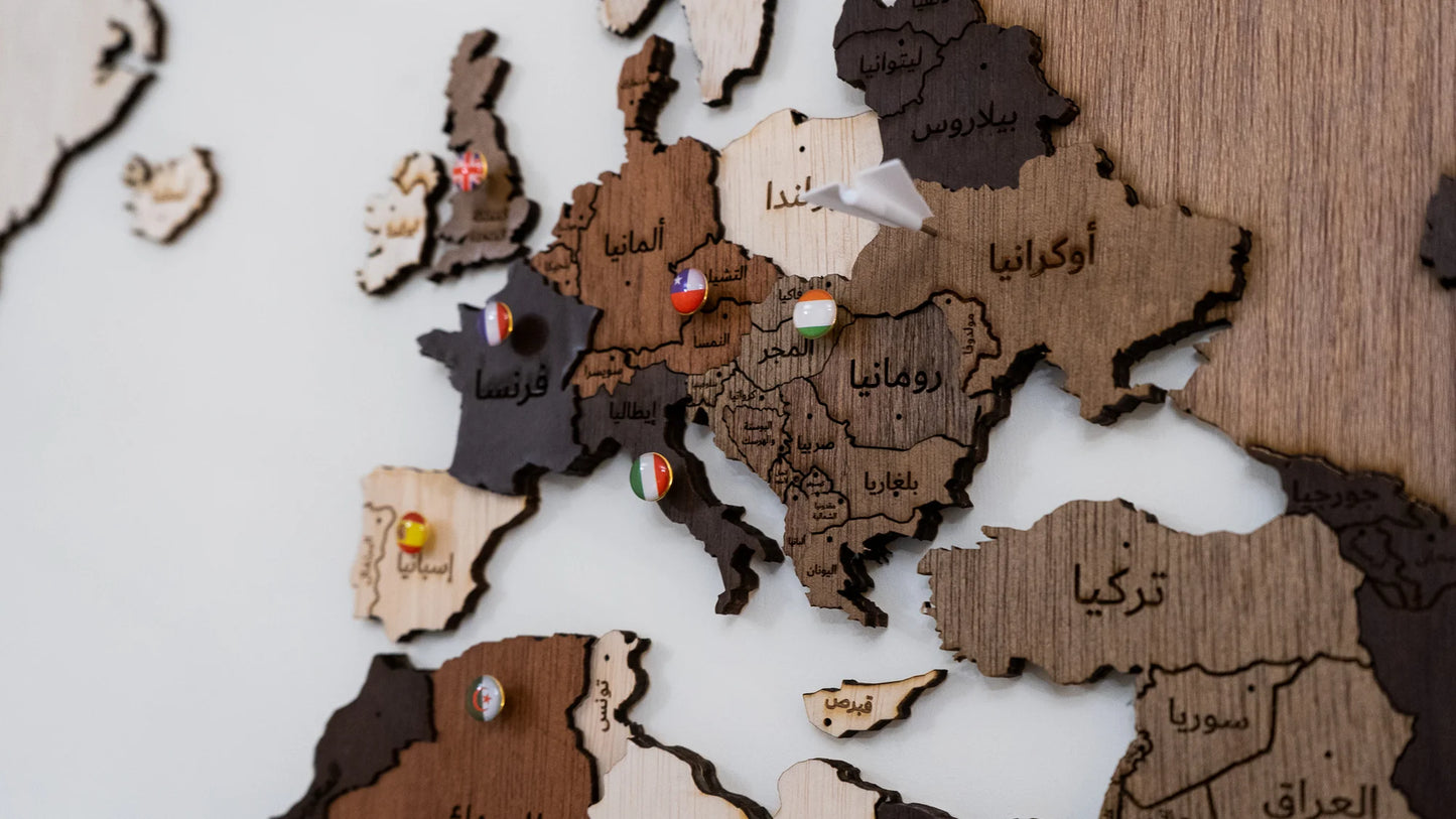 3D multi-color wooden world map- Arabic