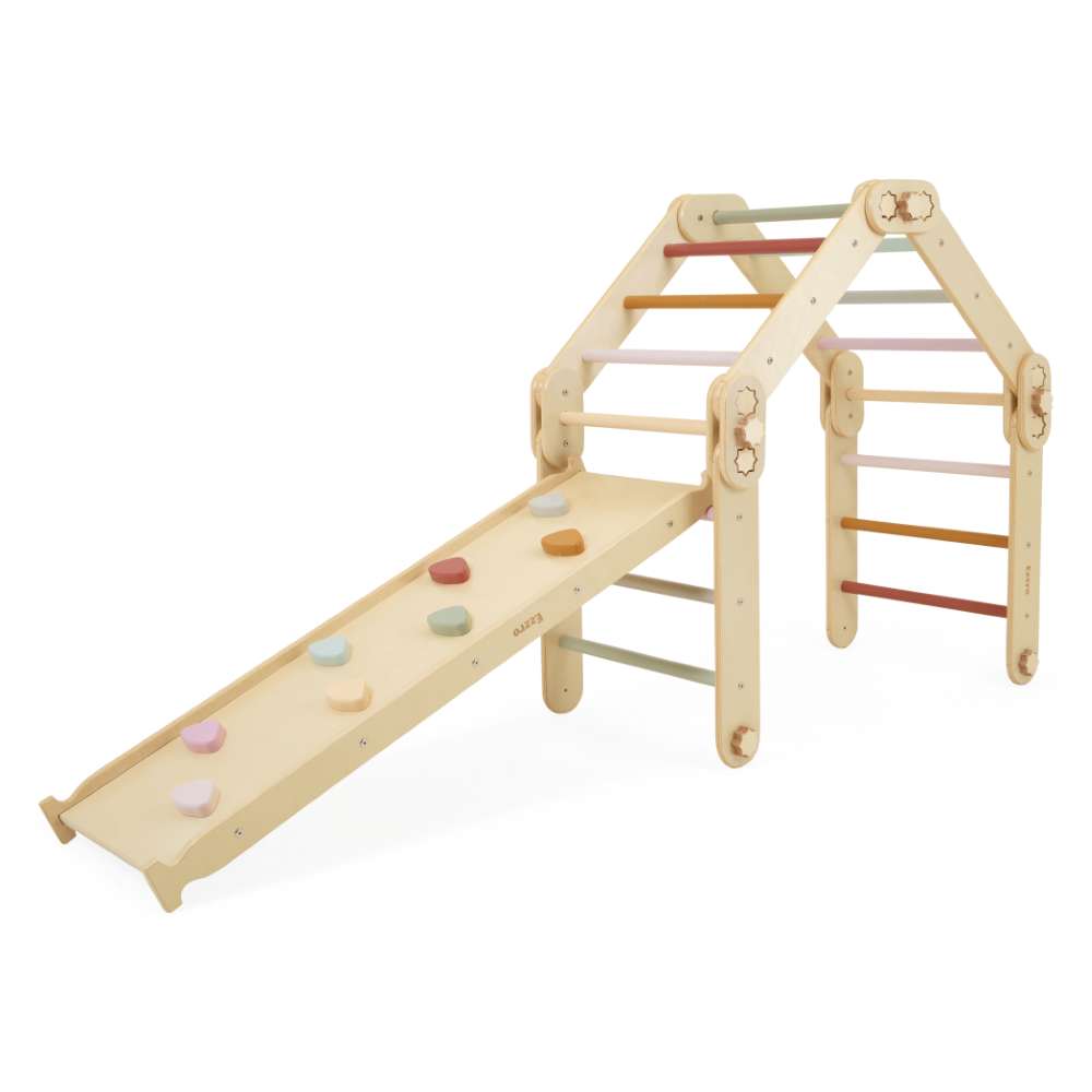 Transformable wooden pikler triangle with duo board- Multicolour