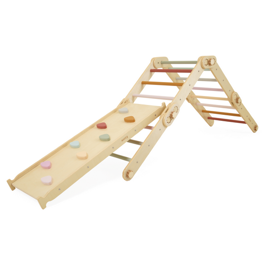 Transformable wooden pikler triangle with duo board- Multicolour