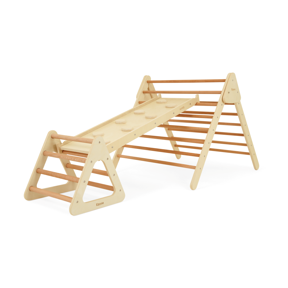 Mini toddler wooden pikler with large climbing pikler and ramp/slide