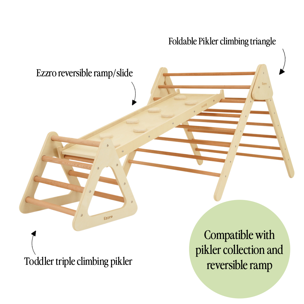 Mini toddler wooden pikler with large climbing pikler and ramp/slide