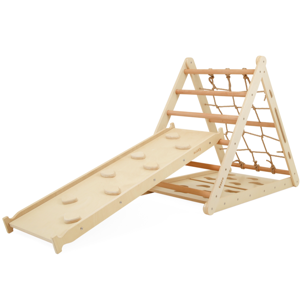 Triple wooden climbing triangle pikler with rock ramp/slide - Natural