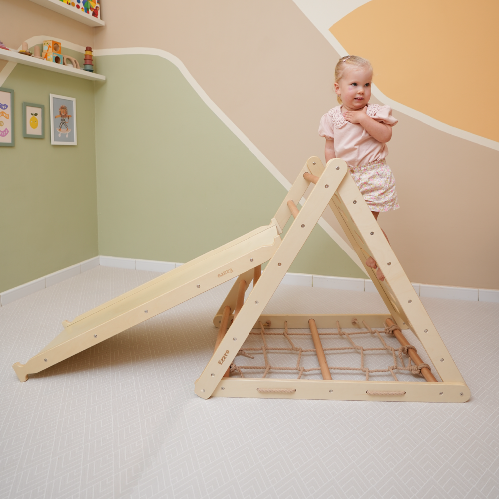 Triple wooden climbing triangle pikler with rock ramp/slide - Natural