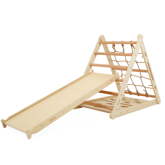 Triple wooden climbing triangle pikler with rock ramp/slide - Natural