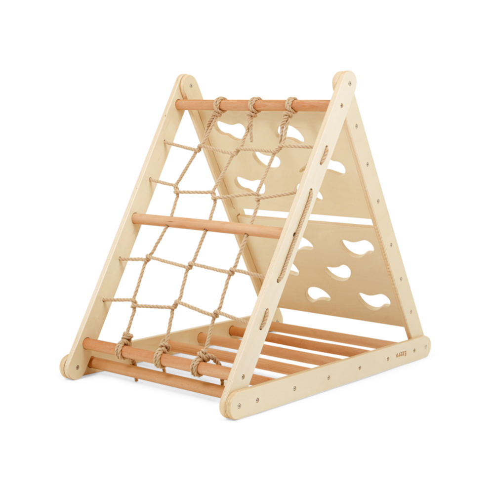 Triple wooden climbing triangle pikler with rock ramp/slide - Natural