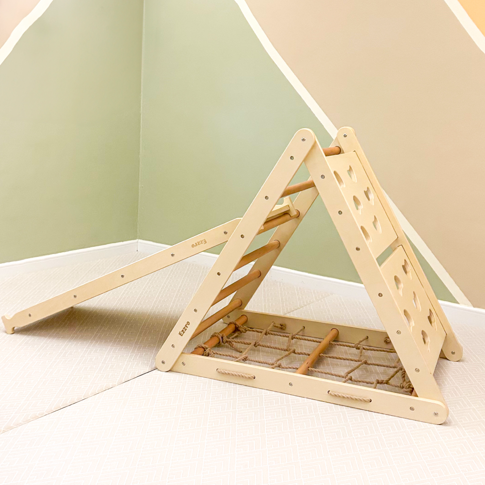 Triple wooden climbing triangle pikler with rock ramp/slide - Natural