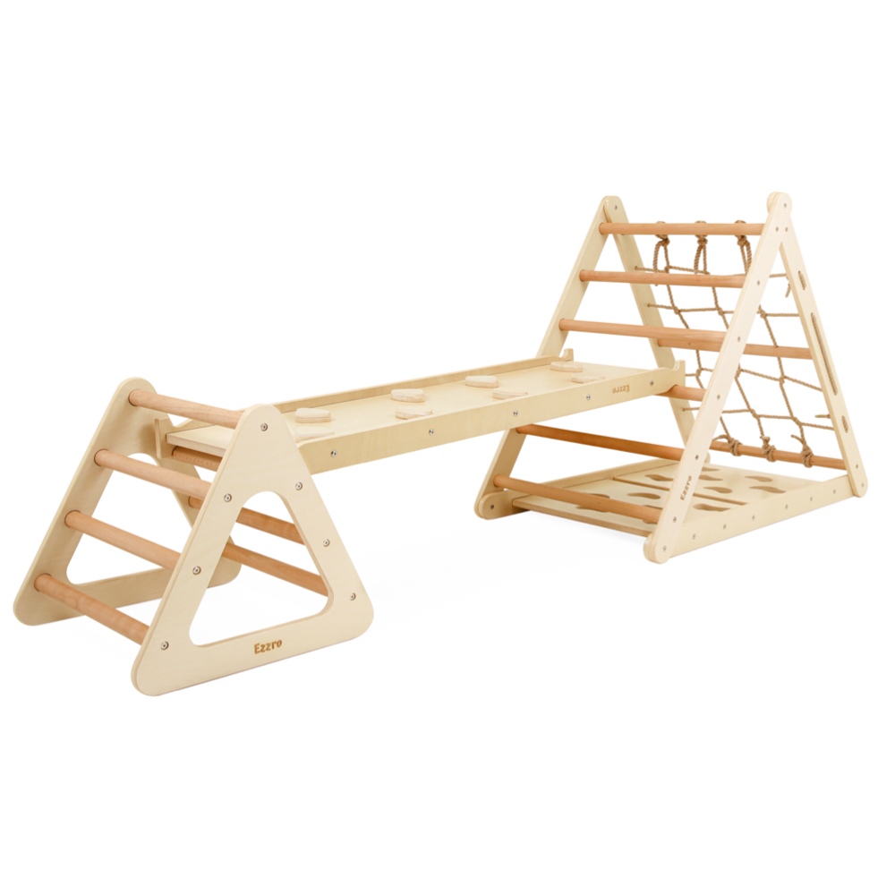 Wooden pikler triple side triangle with toddler climber pikler- Natural