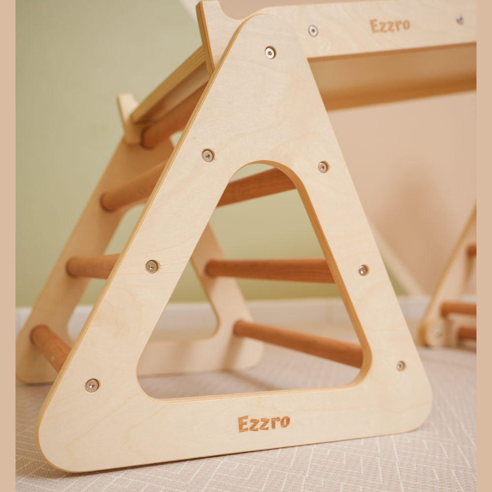 Wooden pikler triple side triangle with toddler climber pikler- Natural