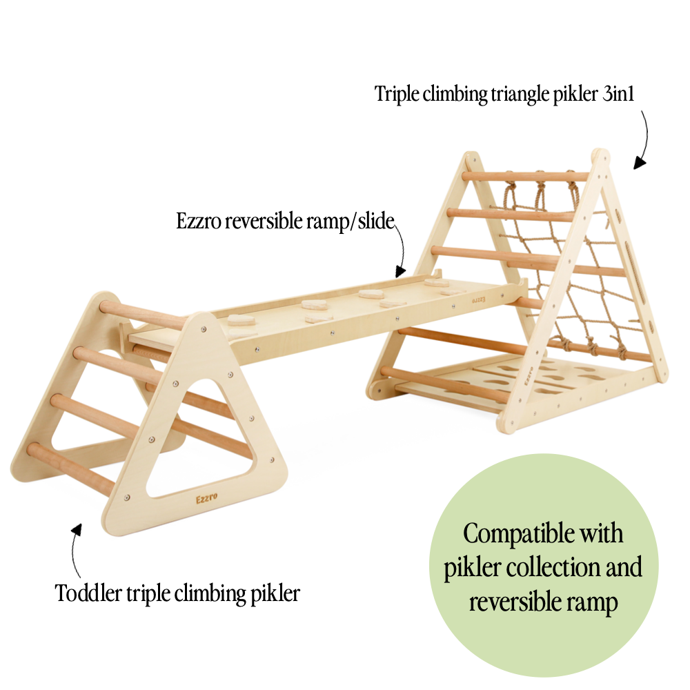 Wooden pikler triple side triangle with toddler climber pikler- Natural