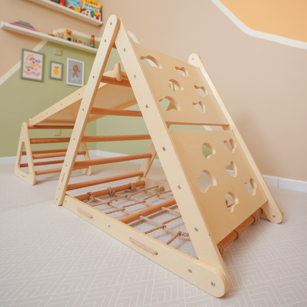 Wooden pikler triple side triangle with toddler climber pikler- Natural