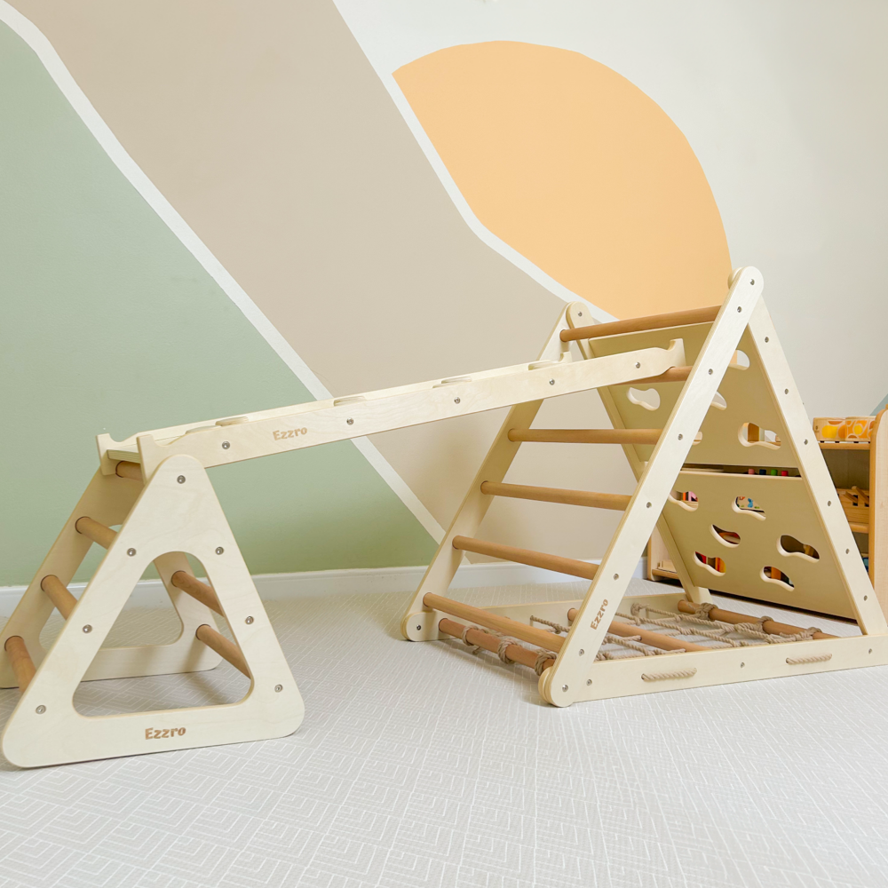 Wooden pikler triple side triangle with toddler climber pikler- Natural