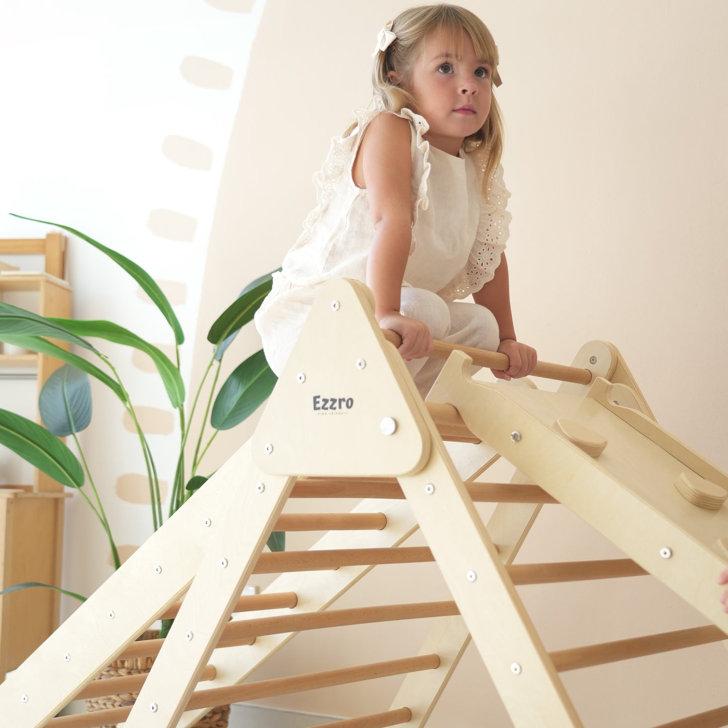 Large climbing pikler with ladder & ramp slide - Natural