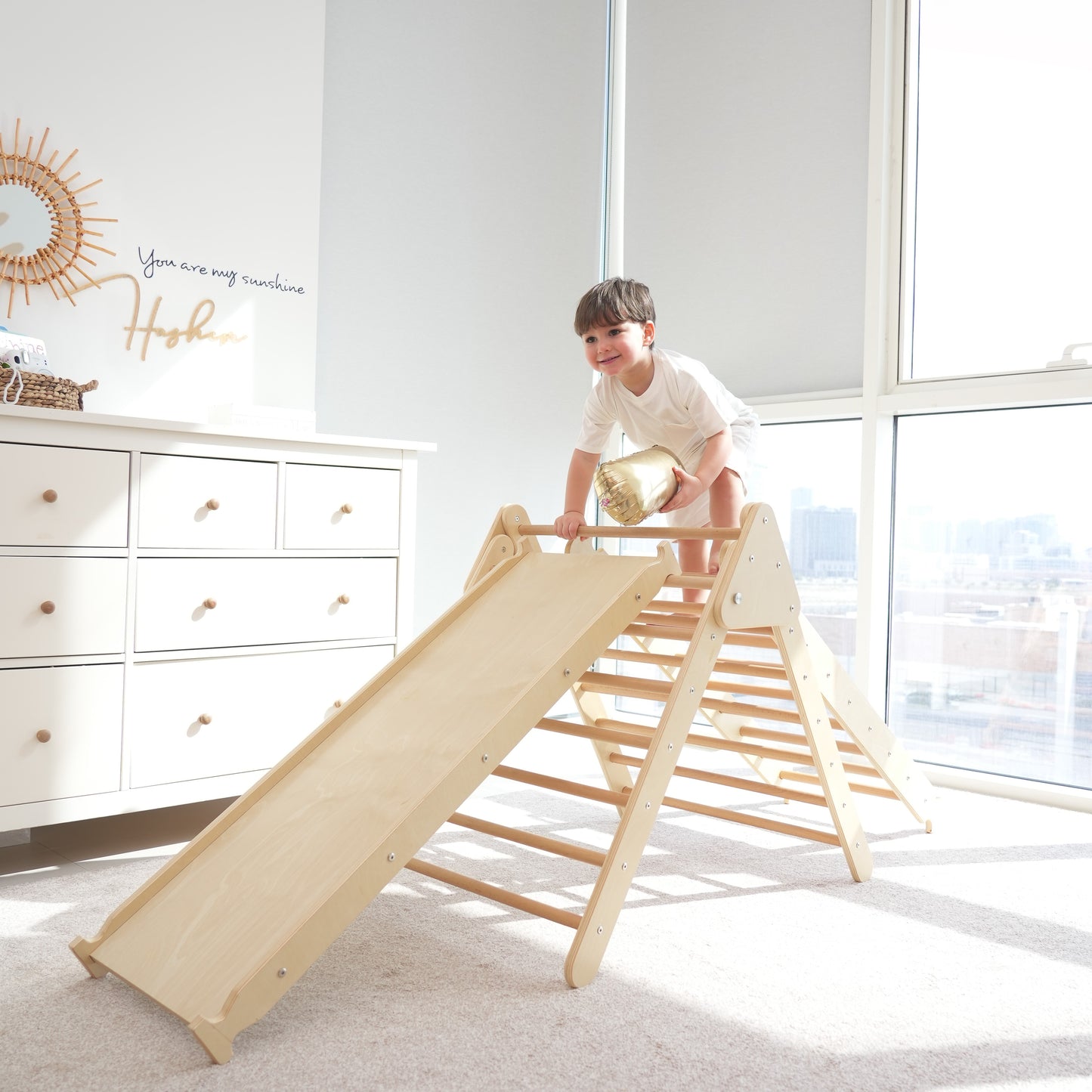 Large climbing pikler with ladder & ramp slide - Natural