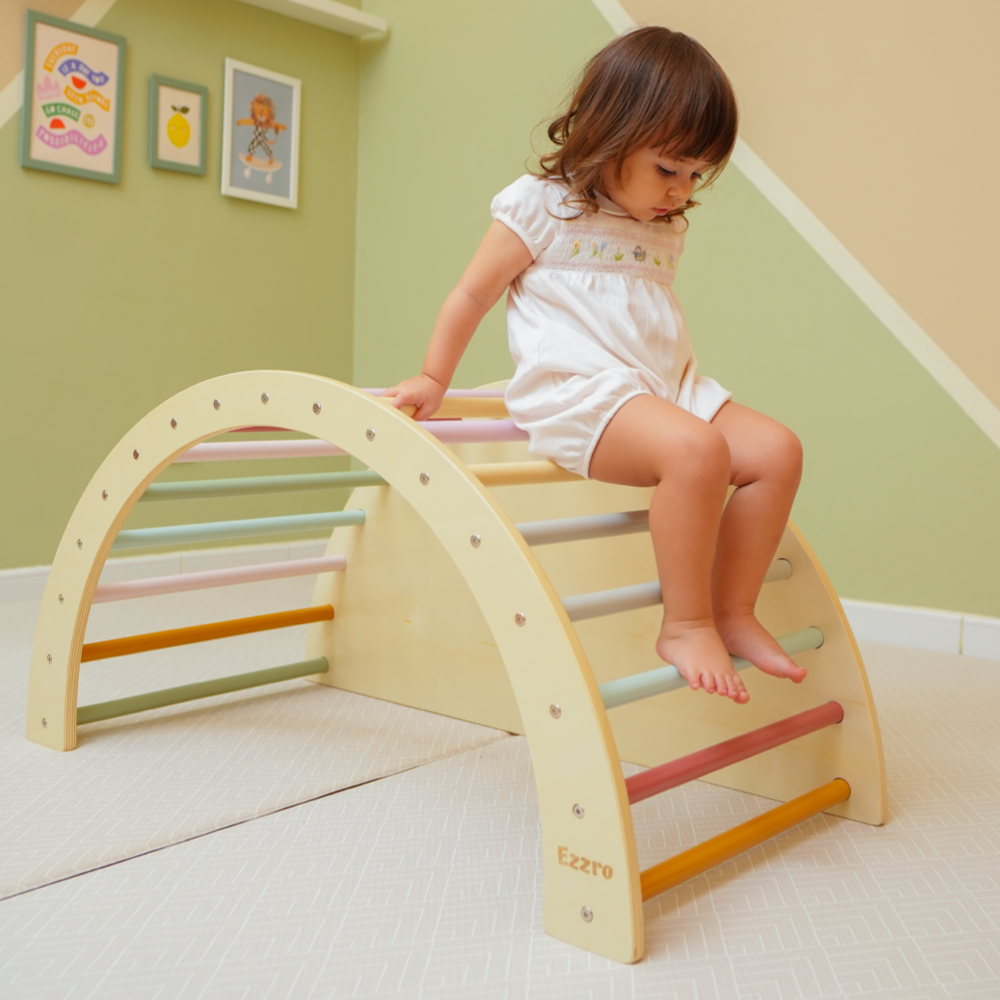 Wooden 3 in 1 climbing arch and rocker with closed side- Multicolor