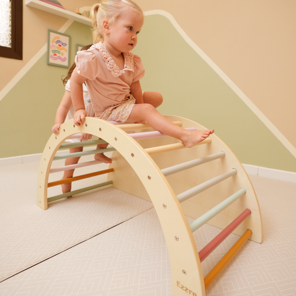 Wooden 3 in 1 climbing arch and rocker with closed side- Multicolor