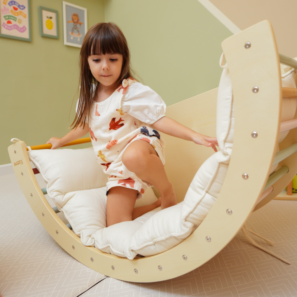 Wooden 3 in 1 climbing arch and rocker with closed side- Multicolor