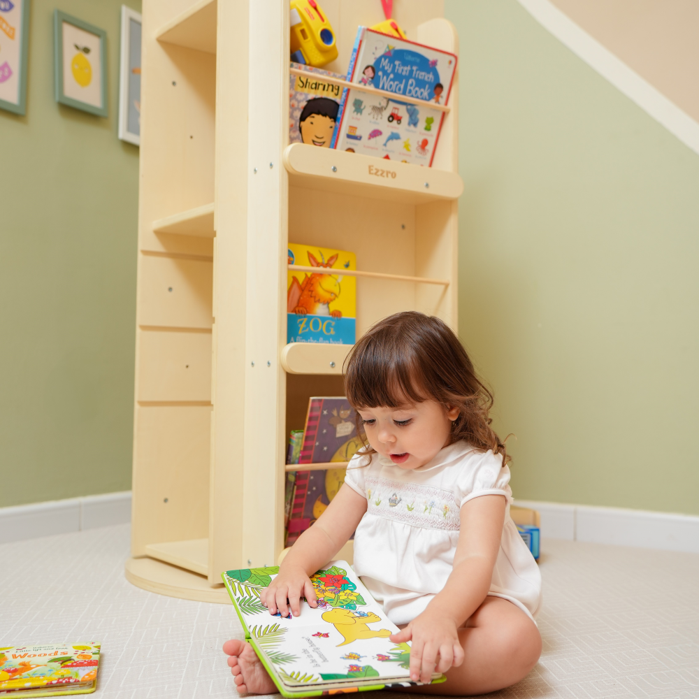 Natural wooden library rotating bookshelf