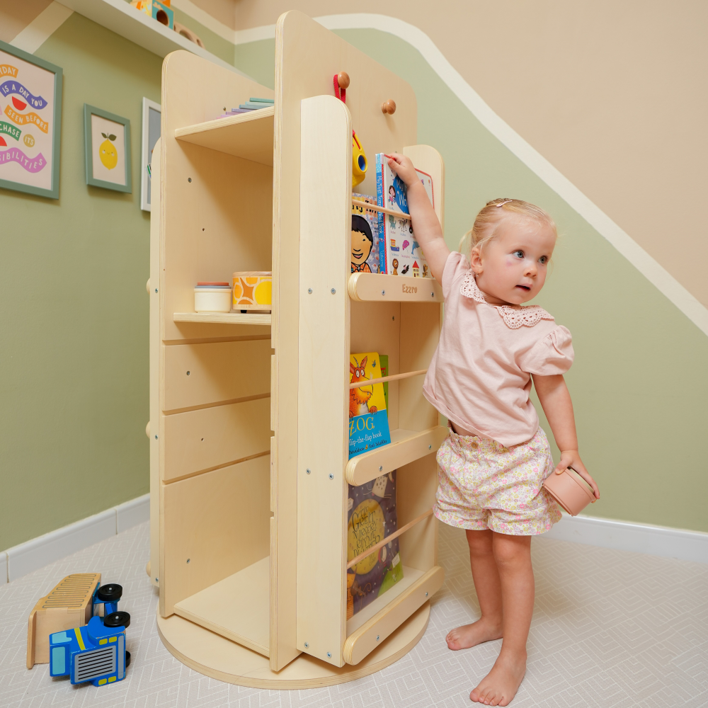 Natural wooden library rotating bookshelf