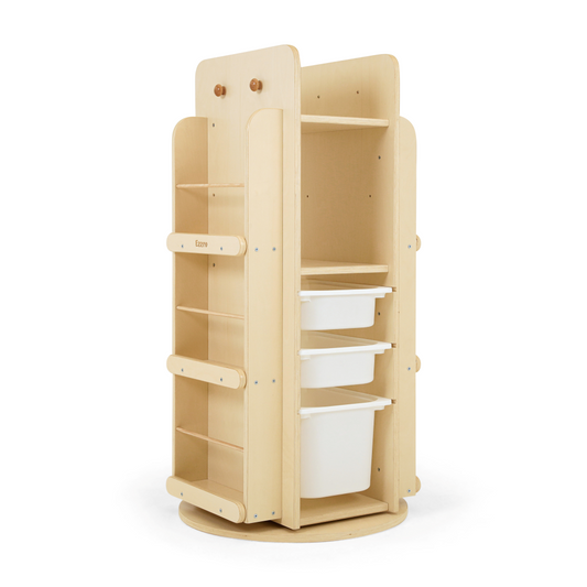 Natural wooden library rotating bookshelf and 3 storage boxes