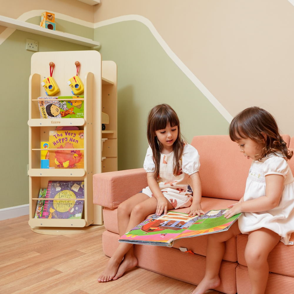 Library Moving Box Natural wooden library rotating bookshelf and 3 storage boxes – My ...