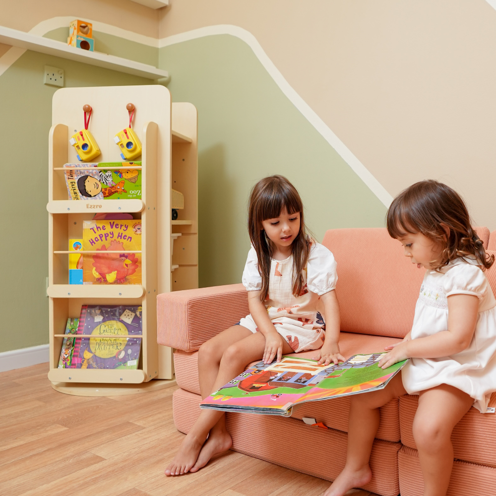 Natural wooden library rotating bookshelf and 3 storage boxes