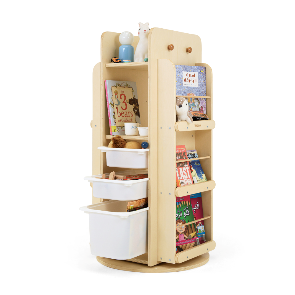 Natural wooden library rotating bookshelf and 3 storage boxes