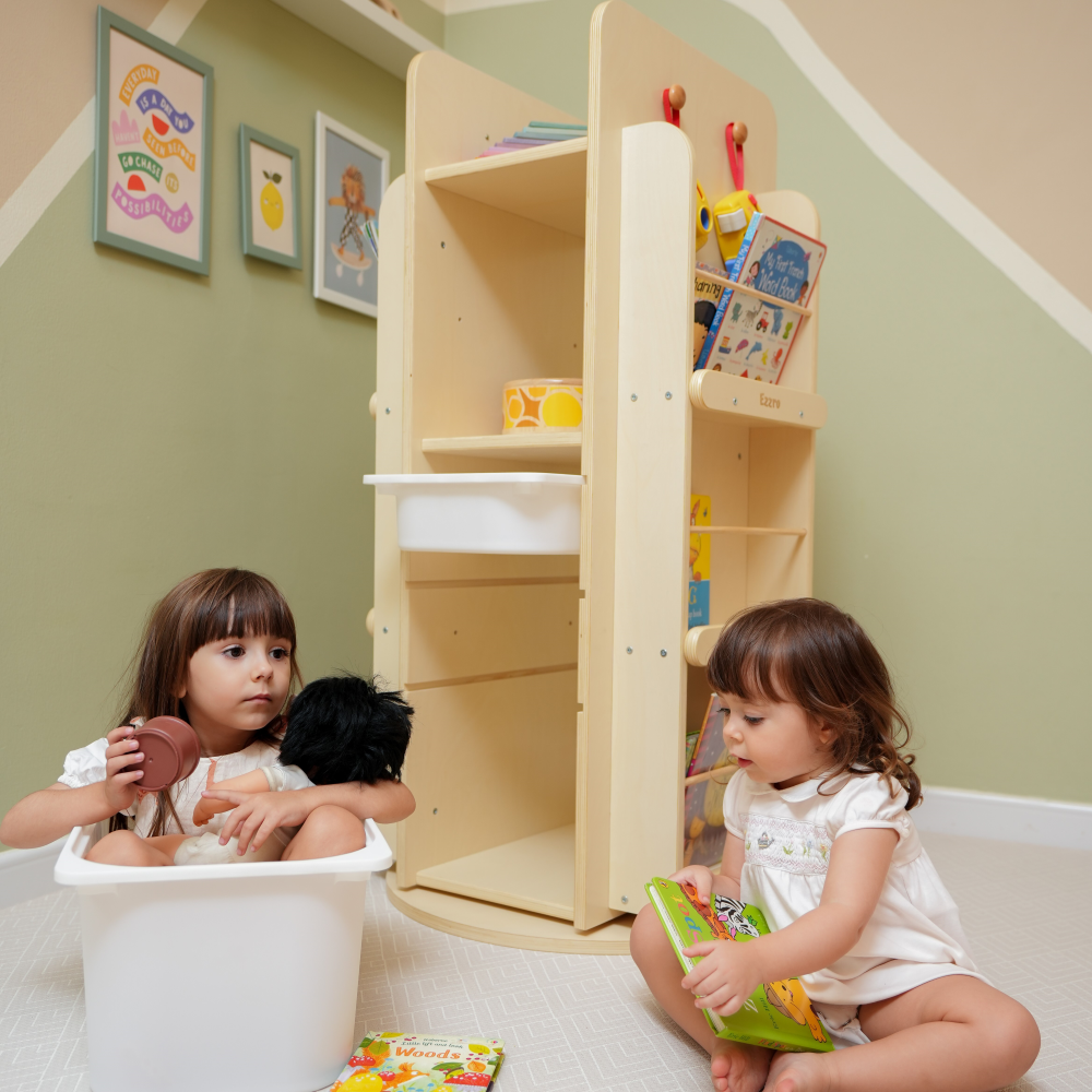 Natural wooden library rotating bookshelf and 3 storage boxes – My ...